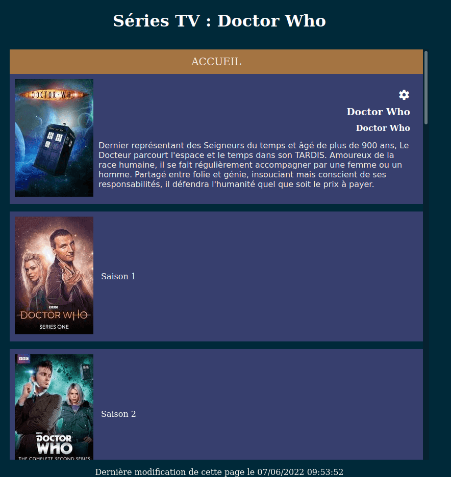 Capture d'écran de l'interface de consultation des séries télévisées