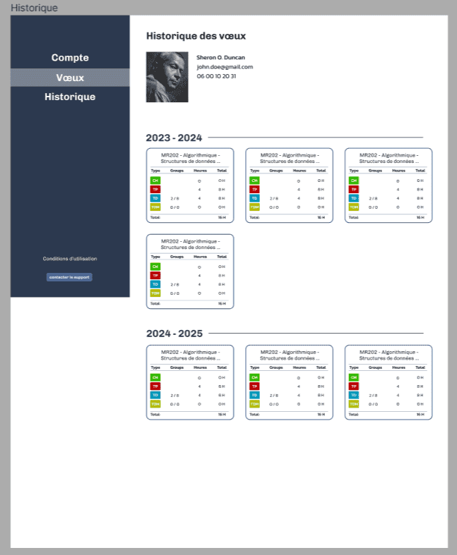 Capture d'écran de l'interface de consultation des enseignements
